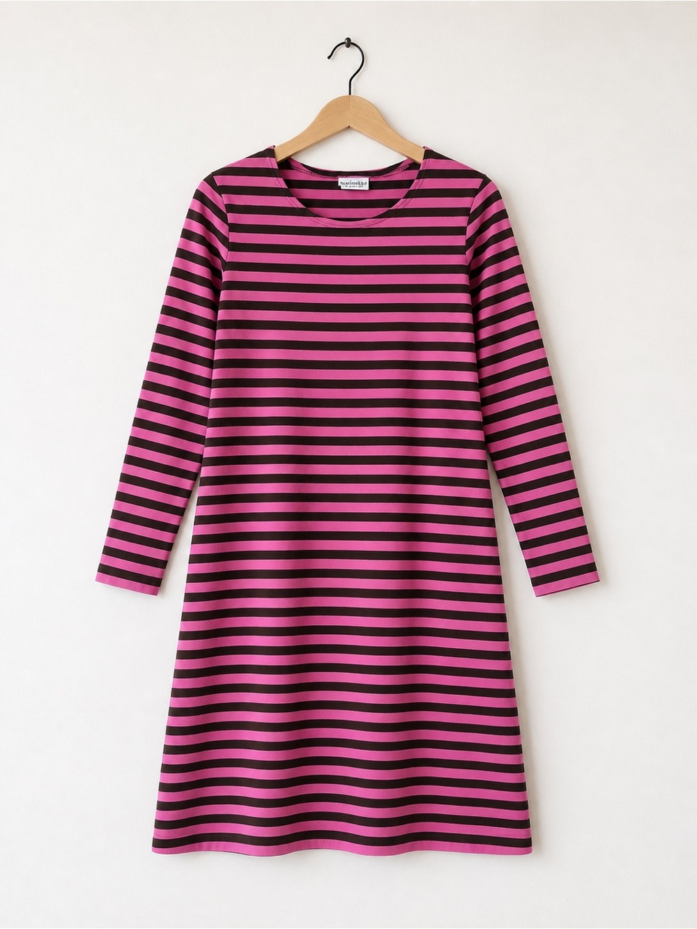 Vintage Marimekko Tasaraita Stripe Shift Dress Pink Brown Long Sleeve Finland, S